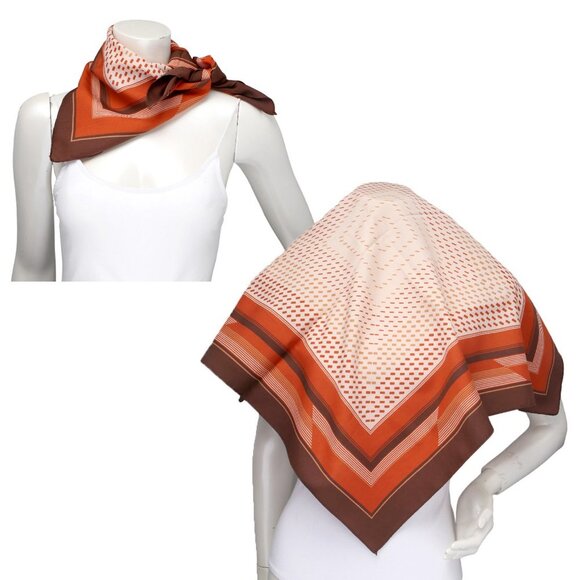 Vintage Accessories - Vintage Geo Stripe Print Square Scarf Mid Century 70s Vibes Silky Poly Orange